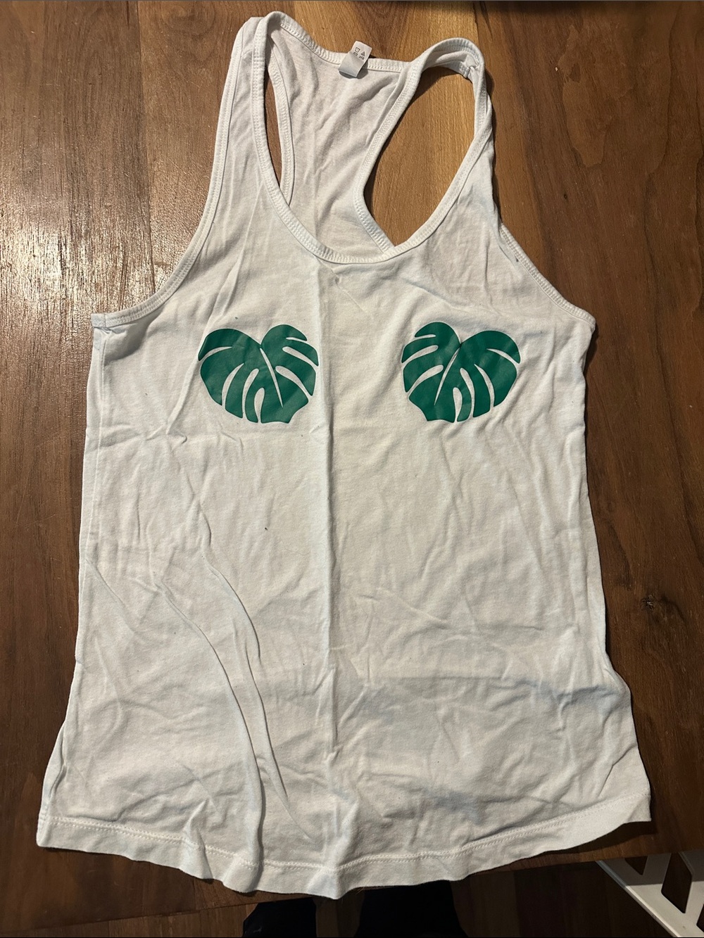 White Racerback Tank with Green Leaf Print Sz XL